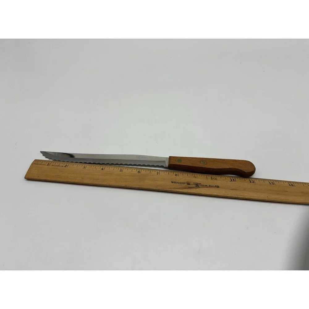 Vtg 12” Robinson Knife Co Slicer Carver Serrated Knife Wood Handle Brass Rivets